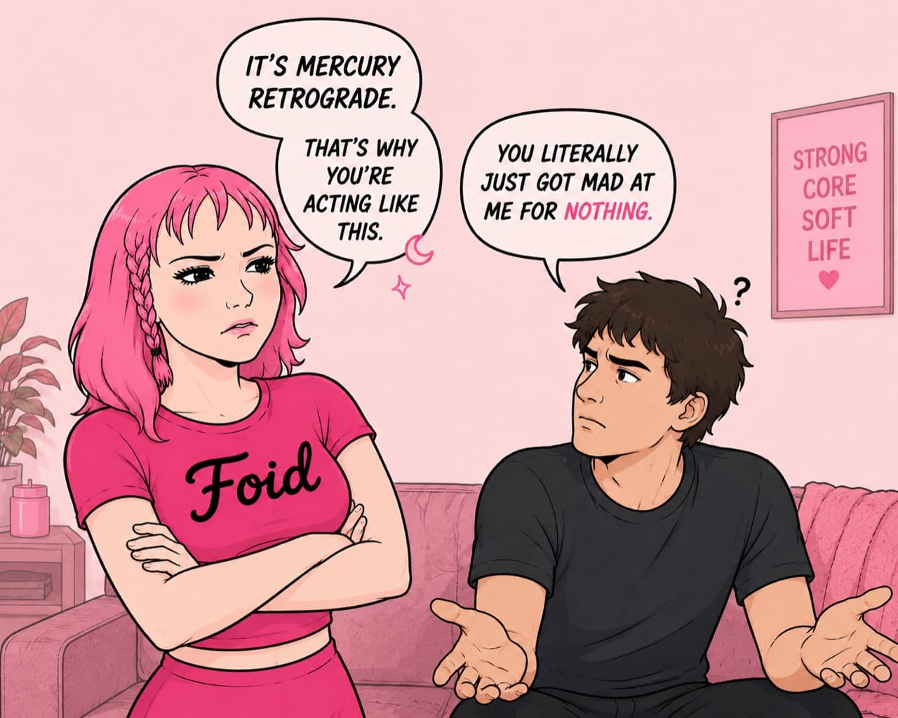 A satirical cartoon of Foid blaming Mercury retrograde during a conversation