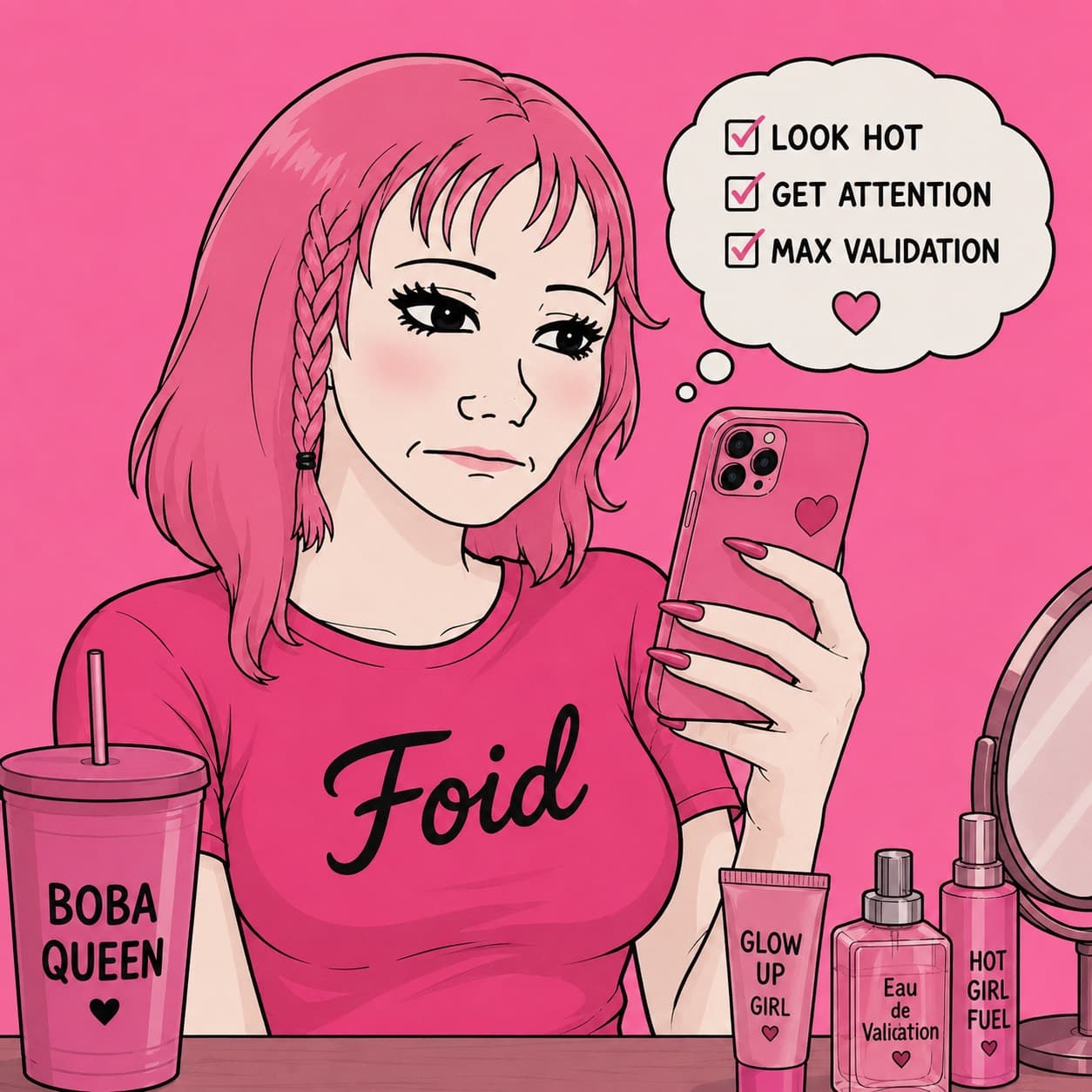 Foid in pink taking a selfie beside a drink and her skincare collection
