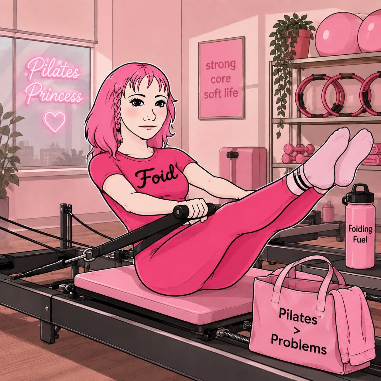 Foid in a pink Pilates studio using a reformer